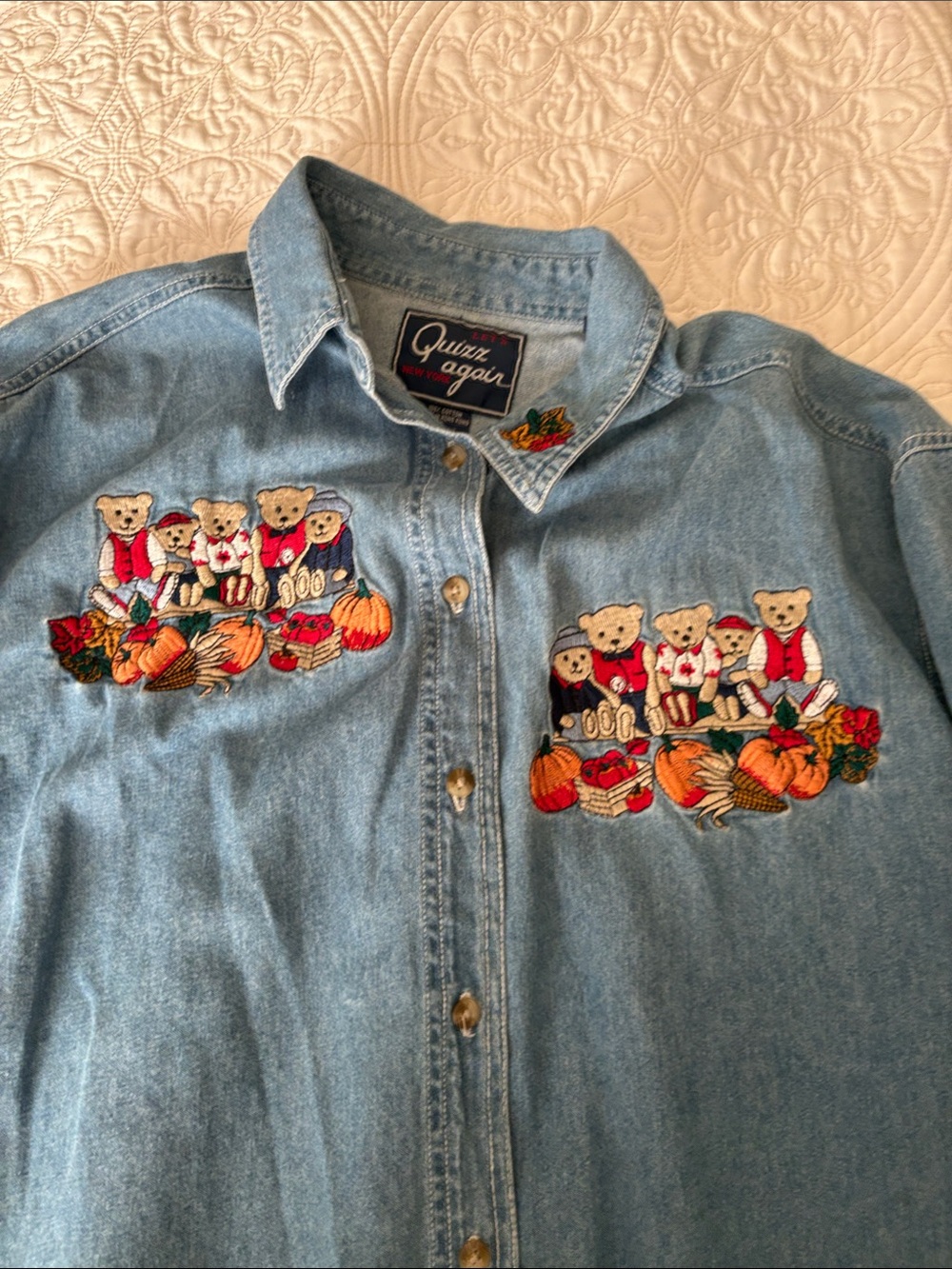 Vintage  Quizz again New York.  Embroidered Teddy Bear Denim Shirt in Light Blue